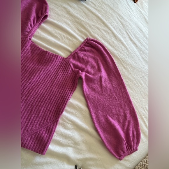 Halogen Puff Sleeve Ribbed Sweater Wool Blend square neck pink Sz: L NWT - Picture 5 of 11